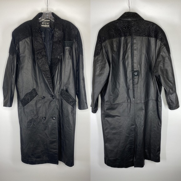 Vintage Global Identity Leather Trench Coat Paisley Trim Size Medium 80s - Picture 1 of 14